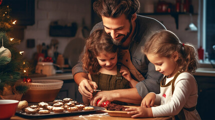 father and children baking christmas cookies