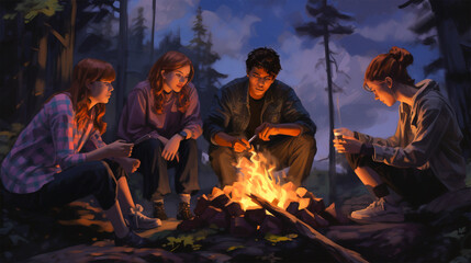 group of friends around a bonfire - obrazy, fototapety, plakaty