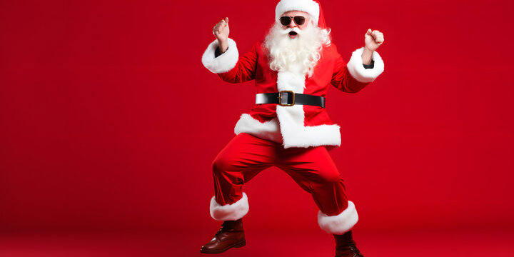 santa claus dancing on red background