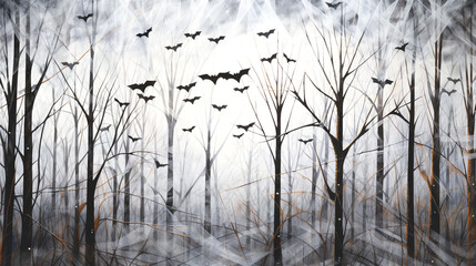 bats flying in spooky forest