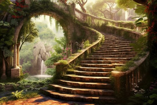 Enchanting landscape with mystical garden featuring an arch and stairs. Generative AI