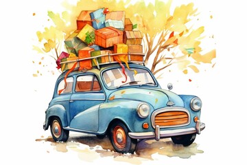 Festive artwork: vibrant watercolor painting featuring a car adorned with a tree and presents. Generative AI