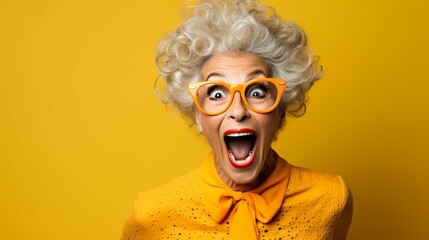Senior woman making funny faces against yellow background  - Powered by Adobe