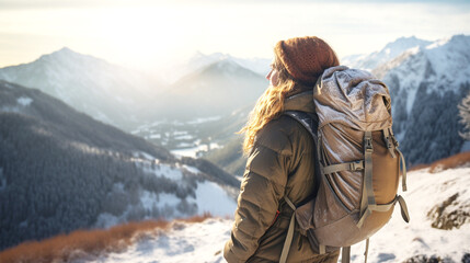 woman wearing rucksack hiking in winter - obrazy, fototapety, plakaty
