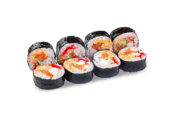 Sushi roll with salmon and shrimp on white background