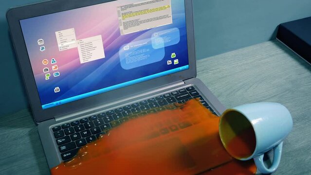 Cup Of Hot Soup Is Knocked Over On Laptop