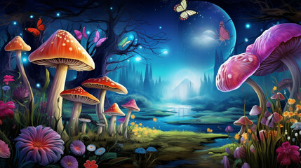 fantastic wonderland landscape with mushrooms, lilies flowers, butterflies and moon. generative ai