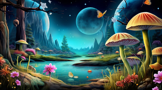 fantastic wonderland landscape with mushrooms, lilies flowers, butterflies and moon. generative ai