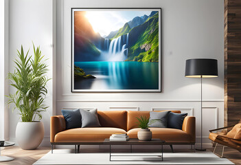 stylish modern room interior, poster mockup with white frame on interior wall background, comfortable relaxation place at home.