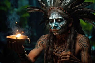 Mexican native american woman with skull make up holding burning candle. Historical Concept. Background with a copy space. - Powered by Adobe