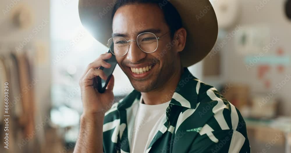 Poster phone call, home and man laughing with small business and networking for online job with discussion.