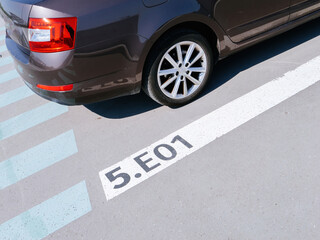 A car is impeccably parked adjacent to a white line marked with the number 5.E01, showcasing an example of public parking and eco-friendly transportation.