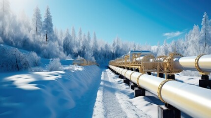 Gas pipeline with snow at winter landscape, Pressurized hydrogen transport. - obrazy, fototapety, plakaty