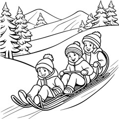 Children Sledding Down a Snowy Hill Coloring Page for Kids