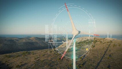 Wind turbines, windmills, with digitally generated holographic display HUD tech data visualization...