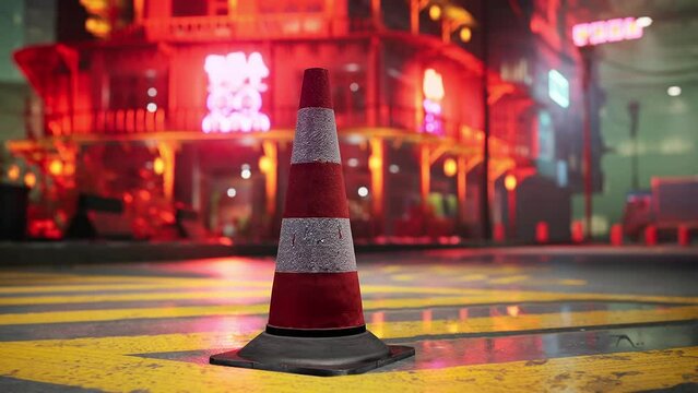 A red and white traffic cone on a street