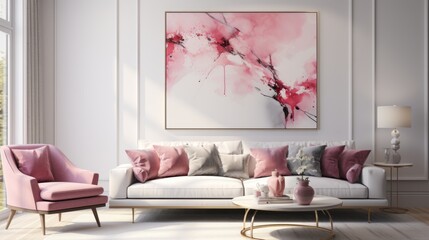 Contemporary Living Room with Grey Sofa, Pink Pillows, and Abstract Art - Modern Interior Design for Relaxation and Art Appreciation