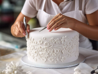 A skilled baker meticulously crafts intricate and delicate decorations on a cake closeup.