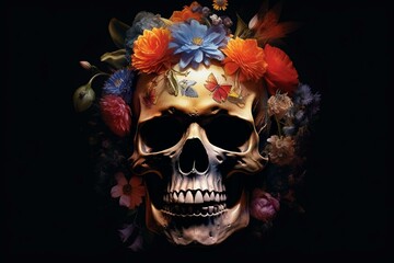 A floral adorned skull with a radiant backlight, partially concealed by flowers, against a dark background. Generative AI