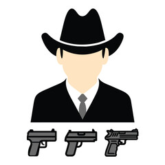 Man in suit with gun element, secret agent avatar, character, mascot, vector illustration isolated