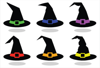 Set of witch hats for Halloween, easy editing and recolor, vector illustration isolated on white background 