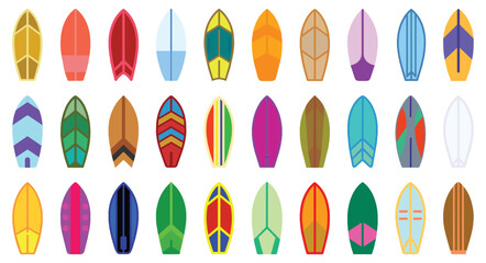 Set of colorful surfboard, beach vacation, summer poster, element vector isolated on white background