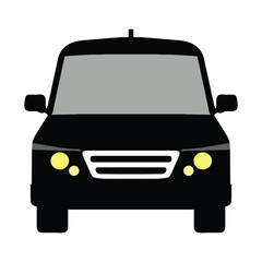 Flat simple black minivan cartoon, front view, element vector isolated on white background 