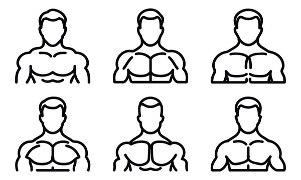 Male face and body icon set, muscle man bodybuilding, outline line style, vector isolated