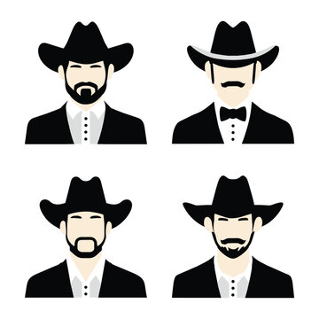 Set of cowboy cartoon characters, sheriff, country guys in suit with hat, beard man, vector illustration isolated on white background
