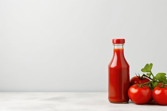 Bottle of ketchup and tomatoes on light grey background