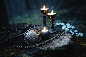 candles and amulets on dark forest background