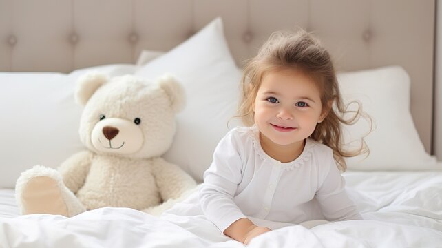 portrait toddler pretty cute curly haired girl wearing pajamas sleeping on the bad and hugging teddy bear . wake up in the morning