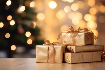 A pile of presents wrapped in brown paper and tied with twine, p under the Christmas tree and waiting to be od on Christmas morning. - obrazy, fototapety, plakaty