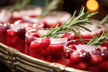 Closeup of a tray of festive holiday tails, garnished with rosemary sprigs, cranberries, and sugared cranberry skewers, adding a touch of elegance to the holiday beverage spread. - obrazy, fototapety, plakaty