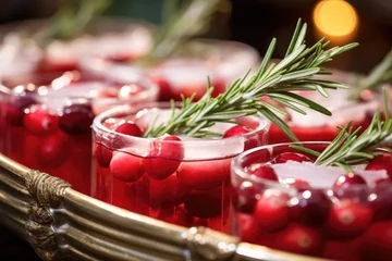 Foto op Plexiglas Closeup of a tray of festive holiday tails, garnished with rosemary sprigs, cranberries, and sugared cranberry skewers, adding a touch of elegance to the holiday beverage spread. © Justlight