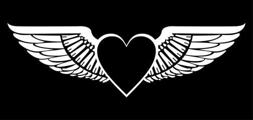 Winged heart t-shirt design on a black background. Vector illustration in art deco style.