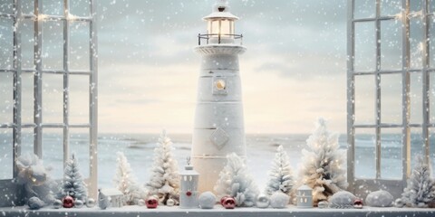 Frosty windows adorned with delicate snowflakes, giving the lighthouse a cozy and festive atmosphere.