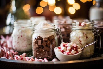 Closeup of a hot cocoa bar, with jars filled with marshmallows, crushed peppermint candies, and chocolate shavings, inviting guests to create their own delicious and decorative drinks.