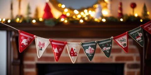A closeup of a knitted Christmas bunting, with each flag featuring a different holiday scene or saying, strung across a fireplace mantel for a festive touch.