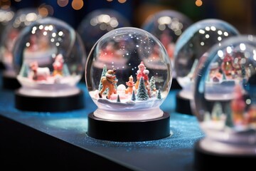 A tabletop display of futuristic snow globes, each one containing a different scene of Santa traveling through space with his reindeer. - obrazy, fototapety, plakaty