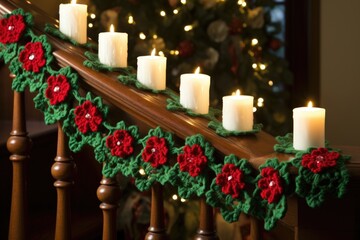 Fototapeta na wymiar A beautifully crafted crocheted garland cascading down a staircase, adding a touch of warmth and charm to the home during the holiday season.