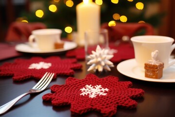 A set of knitted coasters, each one in the shape of a different holiday symbol such as a Christmas tree, snowflake, or reindeer, adding a touch of holiday cheer to any table setting.