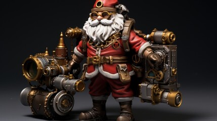 A steampunk Santa Claus figure, dressed in a top hat and goggles and carrying a sack filled with unique clockwork toys.