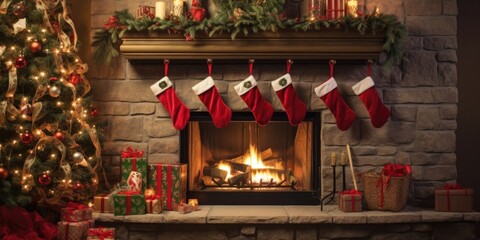 A cozy fireplace mantle adorned with industrialinspired Christmas stockings and a clockwork ticking clock. - obrazy, fototapety, plakaty