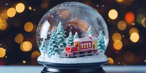 Closeup of a holographic snow globe, featuring a snowy landscape and a moving train circling around a glittering Christmas tree.