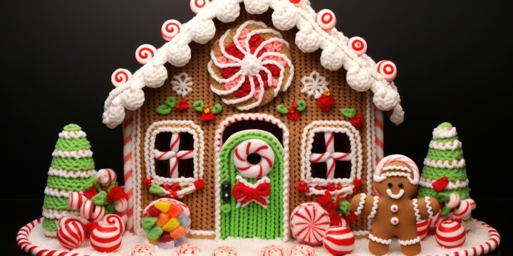 A whimsical crocheted gingerbread house, complete with candy cane ts and a crocheted wreath on the front door, adding a touch of playfulness to the holiday decor.