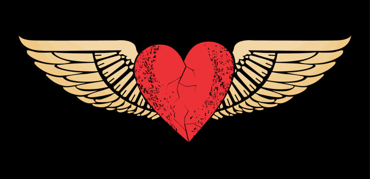 Vector design for t-shirt of a pink heart with wings isolated on black. Illustration of a broken heart flying.	