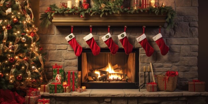 A Cozy Fireplace Mantle Adorned With Industrialinspired Christmas Stockings And A Clockwork Ticking Clock.