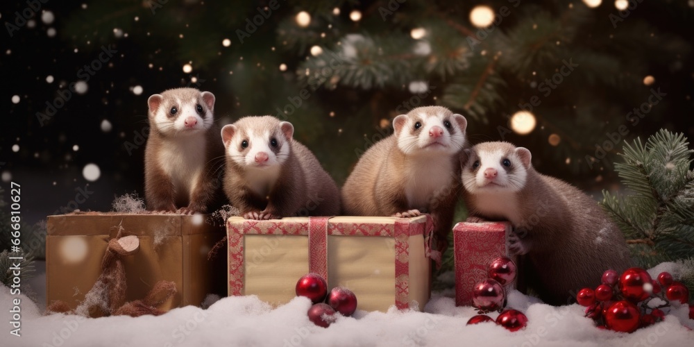Poster a group of playful ferrets darting in and out of empty gift boxes, joyfully creating their own winte