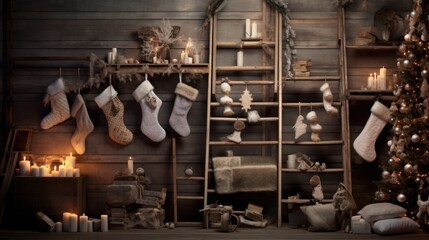 A collection of bohemianinspired stockings hanging from a wooden ladder, each one with its own unique pattern and texture. The ladder is decorated with le lights and pinecones, adding a - obrazy, fototapety, plakaty